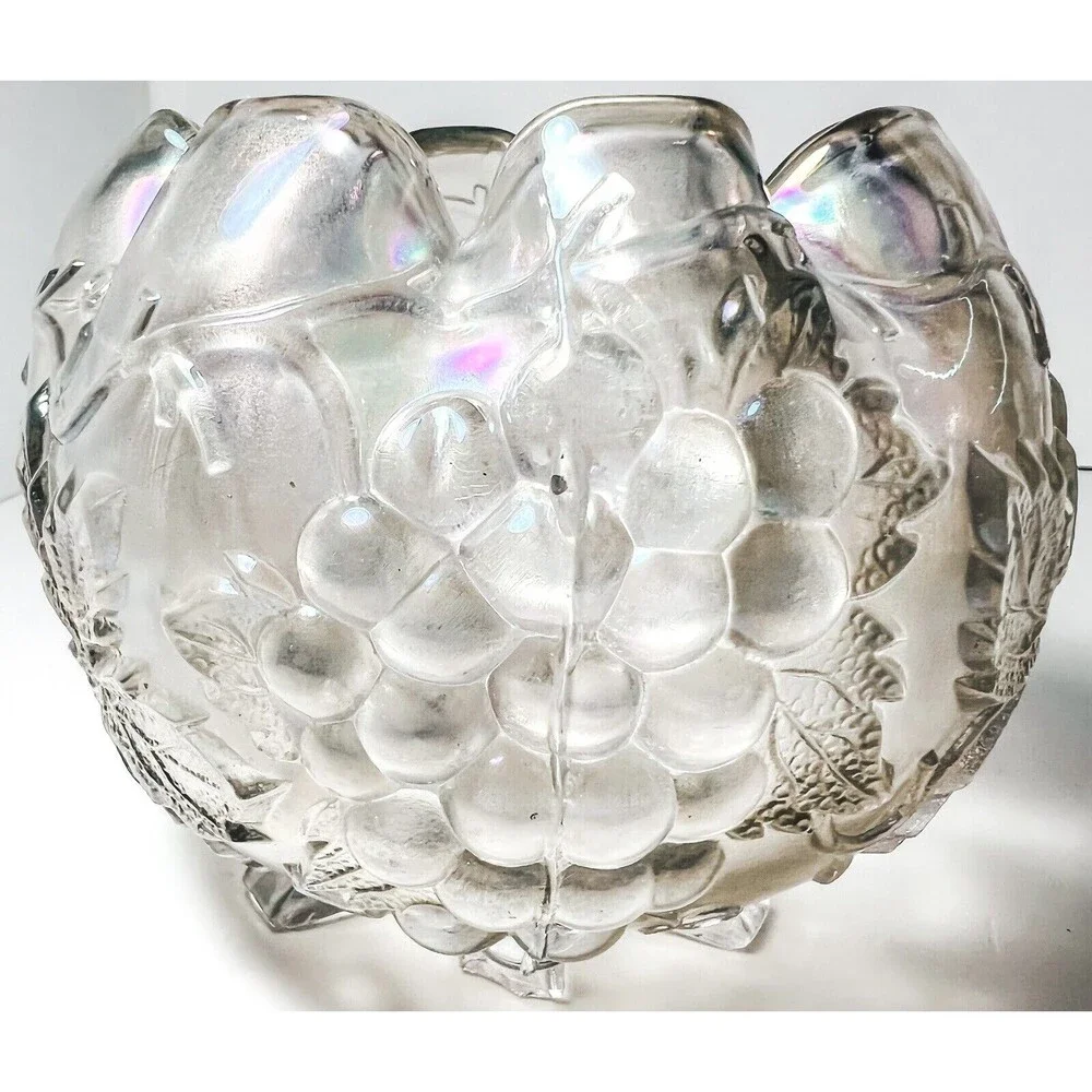 Antique Dugan Glass GRAPE DELIGHT Iridescent White Carnival Glass Rose Bowl GLOW